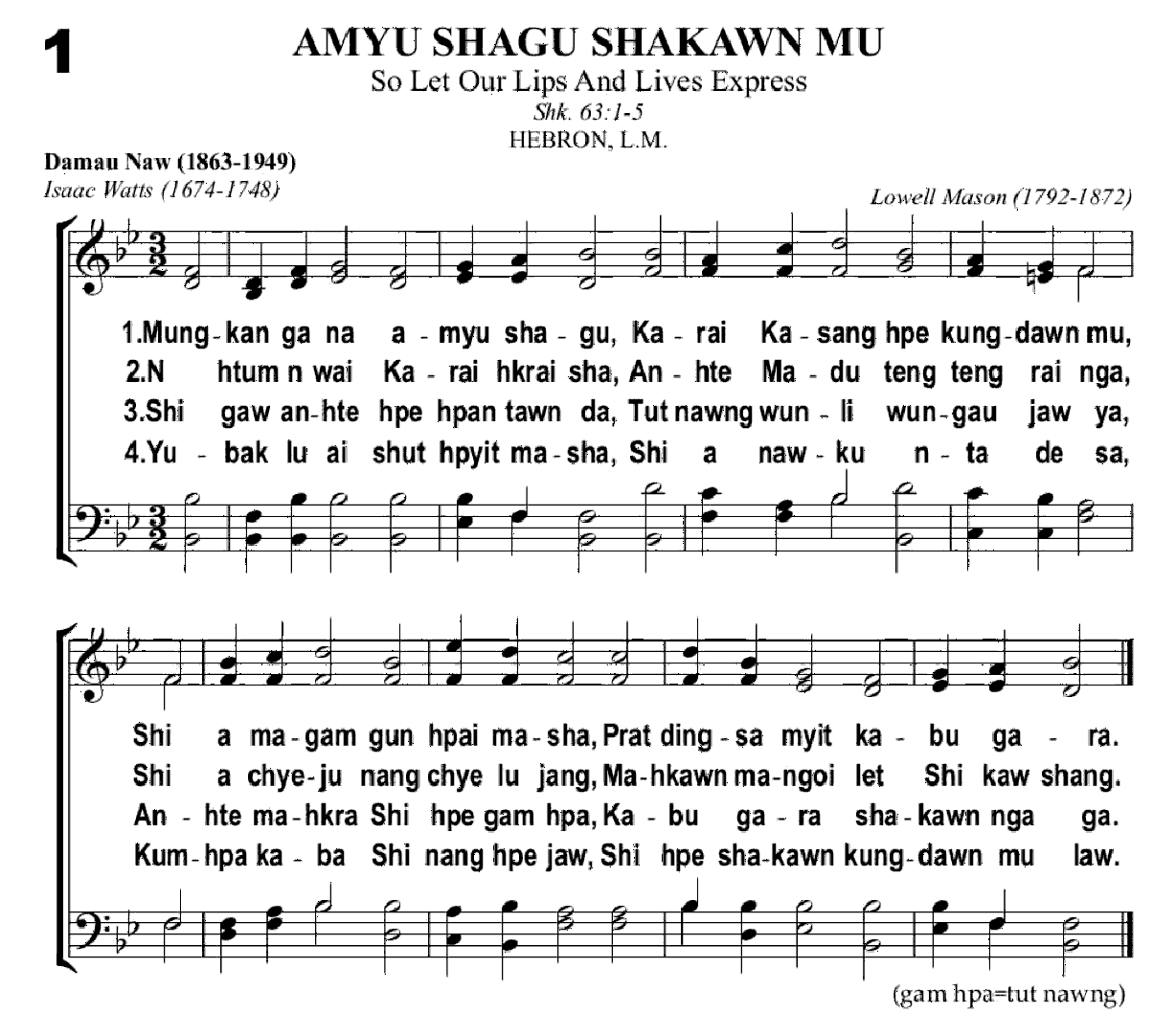 Shakawn Mahkawn #1 — Kachin Hymn #1 musical score and Jinghpaw lyrics